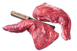 Unccoked tri-tip triangle roast, raw bottom sirloin steak on buther table with meat cleaver. Isolated, white background. photo