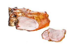 Sliced roasted pork knuckle Isolated on white background. Top view. photo