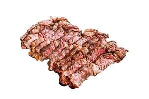 Sliced Grilled beef marbled rare steak. Chuck eye roll Isolated on white background. Top view. photo