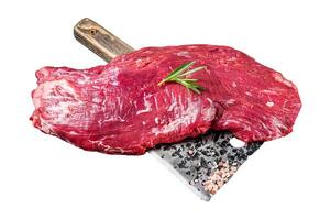 Flap or Flank raw beef meat steak on a butcher cleaver with herbs. Isolated on white background, top view. photo