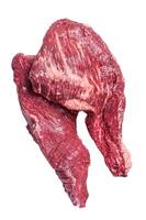 Raw tri tip beef steak on kitchen table. Isolated, white background. photo