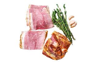 Smoked Sliced Pork loin Meat Isolated on white background, top view. photo