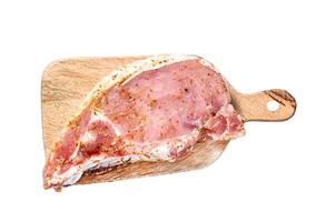 Marinated pork steak cutlet. Isolated on white background. Top view. photo