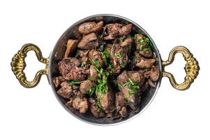 Chicken liver stew with onions and parsley in a skillet. Isolated, white background. photo