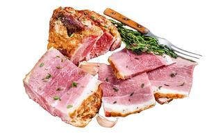 Smoked pork Slab Bacon meat slices Isolated on white background, top view. photo