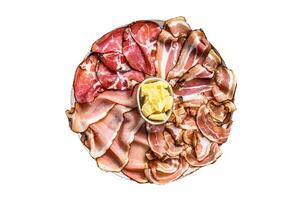 Set of cold cured italian meat Ham, prosciutto, pancetta, bacon. Isolated on white background. photo
