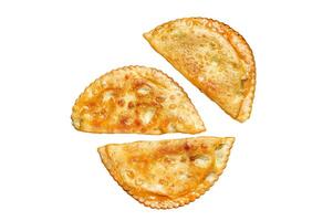Fried empanadas savoury pastries with beef meat stuffing Isolated on white background, top view. photo