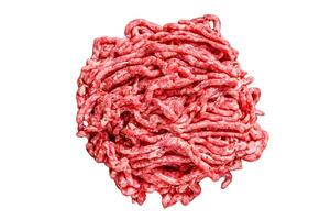 Raw mince angus wagyu beef, ground meat with herbs on a plate. Isolated on white background, top view. photo