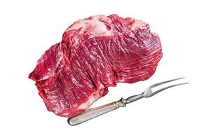 Uncooked Raw Flank or flap beef steak Isolated on white background, top view. photo