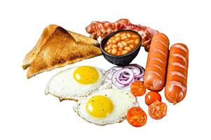 English breakfast with fried eggs, sausages, bacon, beans and toasts Isolated on white background, Top view. photo