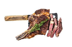 Dry aged grilled Tomahawk or cowboy beef meat steak on a meat cleaver. Isolated, white background. photo