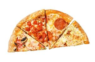 Set of Different slices of pizza. Isolated on white background. Top view. photo