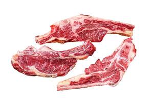 Various cuts of raw beef meat. Isolated on white background, Top view. photo