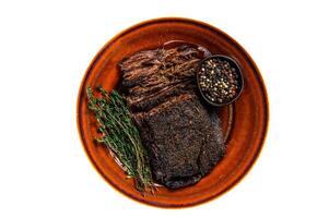Smoked barbecue wagyu beef brisket meat. High quality Isolate, white background. photo