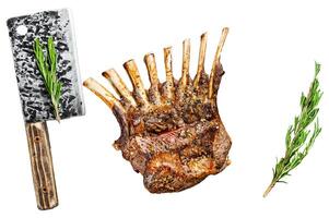 Grilled rack ribs of lamb meat chops. Isolated on white background, Top view. photo