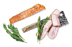 Cut pork belly bacon on a meat cleaver. Isolated on white background, Top view. photo