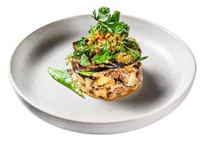 Spicy Beef Slices Meat Salad with potato, Tomatoes, Cucumber, Parsley and Salad leaves Spinach. Isolated on white background. Top view. photo