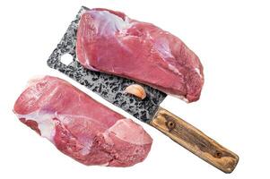 Fresh Raw Duck breast, fillet, poultry meat on butcher cleaver. Isolated on white background, top view. photo