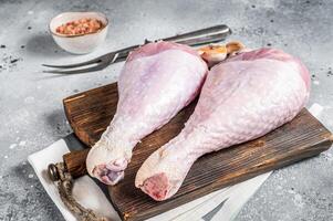 Raw turkey legs, Poultry meat. Gray background. Top view photo
