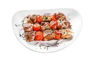 Bbq pork and beef meat on wooden skewers. Isolated on white background. Top view. photo