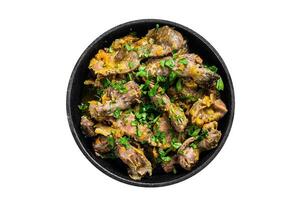 Chicken liver, heart and stomach in cream sauce. Isolated, white background. photo