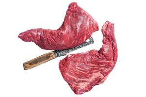 Unccoked tri-tip triangle roast, raw bottom sirloin steak on buther table with meat cleaver. Isolated, white background. photo