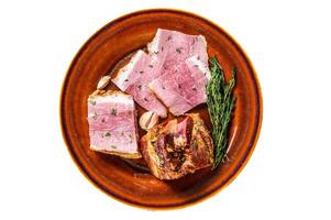 Smoked pork Slab Bacon meat slices on a rustic plate. Isolated on white background. photo