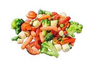 Frozen cold sliced Vegetables, broccoli, sweet peppers, tomatoes, carrots, peas and corn. Isolated on white background, Top view. photo
