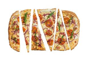 French tarte flambee with cream cheese, bacon, tomato and onions. Flammkuchen from Alsace region. Isolated on white background. photo