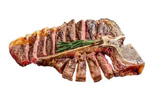 Grilled T-bone steak. Cooked tbone beef. Isolated on white background. photo