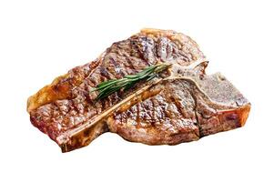 Grilled Porterhouse steak on a chopping Board. Cooked beef meat. Isolated on white background. photo