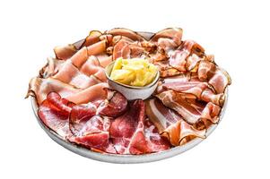 Set of cold cured italian meat Ham, prosciutto, pancetta, bacon. Isolated on white background. photo