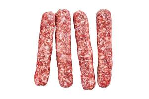 Fresh raw beef meat kebabs sausages. Isolated on white background, Top view. photo