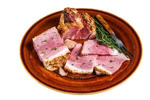 Smoked pork Slab Bacon meat slices on a rustic plate. Isolated on white background. photo