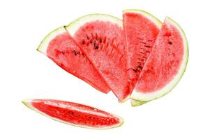 Slices of red striped watermelon. Isolated on white background. Top view. photo