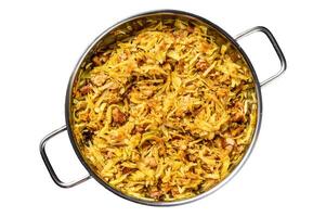 Bigos cabbage stewed with meat, mushrooms and sausages. Isolated on white background, Top view. photo