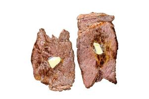 Grilled beef meat chop round steak Isolated on white background, Top view. photo