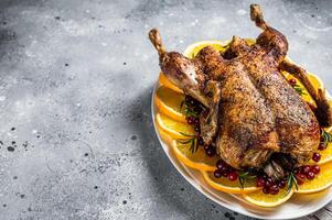 Christmas roast duck with apples and oranges, festive christmas recipe. Gray background. Top view. Copy space photo
