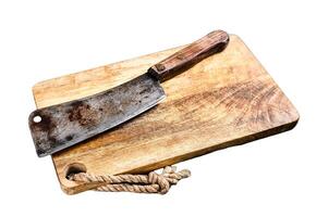 Vintage butcher meat cleaver on concrete board. Isolated on white background. Top view. photo