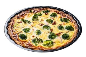 Quiche tart with smoked salmon, broccoli and spinach. Isolated on white background. Top view. photo