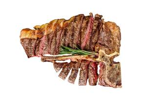 Sliced Grilled T-bone steak. Cooked tbone beef meat. Isolated on white background. photo