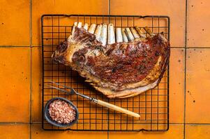 Roast Rack of lamb ribs, spareribs on grill. Orange background. Top view photo