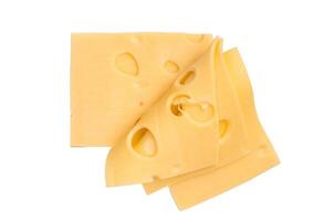Maasdam cheese slices isolated on white background. top view photo