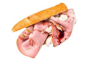 Sandwich with mortadella pistachios, mozzarella cheese in Baguette bread isolated on white background photo