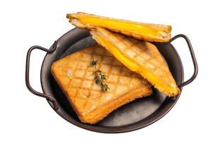 Toasted sliced cheese sandwiches isolated on white background. top view photo