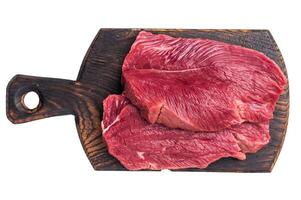 Raw kangaroo steak, wild fresh game meat isolated on white background. top view photo