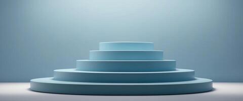Beautiful minimalistic light blue background for product presentation with podiums on different tiers. photo