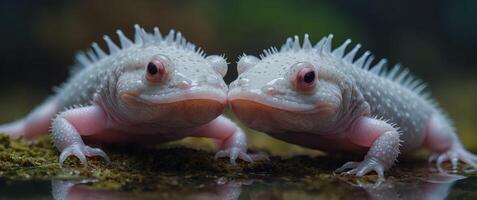 Two axolotls, a type of salamander, are smiling at each other. photo