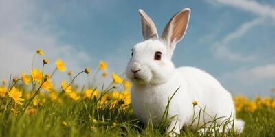A small white rabbit sitting in the grass in a field of yellow flowers. photo