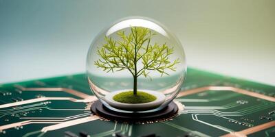A Green Tree Encased in a Glass Sphere Resting on a Circuit Board. photo